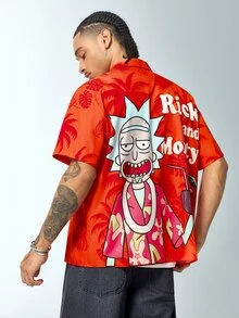 Rick and Morty X SHEIN Áo sơ mi nam ngắn tay họa tiết cây cọ phong cách du lịch - trái cam - Xem 3