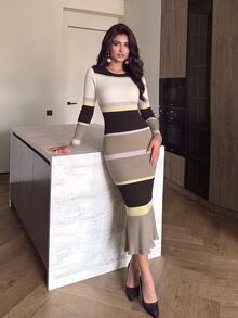Modelyn فستان نسائي كاجوال يومي محبوك بتصميم ألوان متباينة - متعدد الألوان - مشاهدة 3