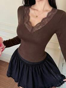 DAZY 春/夏修身優雅蕾絲拼接情人節派對白色長袖女款T恤 - 咖啡棕 - 查看 5