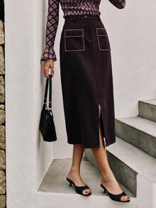 Nöista Misi Skirt Contrast Piping And Front Slit Opening - Burgundy - View 3