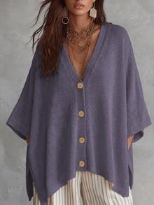 Linhara CURVE Plus Size Women Solid Color Knit Shawl Cardigan V-Neck Metal Button Suitable For Daily Casual Traditional Office Semi Formal Vacation Autumn Beige - Purple - View 6