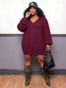 Slaydiva Plus Size Autumn/Winter Casual Solid Color Knit Dress - Purple - View 3