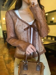 DAZY Women's Deep V-Neck Textured Fabric Casual Cardigan - Brown - View 3