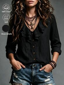 Balvessa 荷葉邊飾 V 領亞麻棉襯衫，柔軟隨性，輕鬆時尚風！ - 黑色 - 查看 1