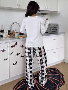 ZzzCrew Conjunto de pijama de manga larga con estampado lindo de calabaza & murciélago de Halloween, ropa de estar en casa casual y cómoda de 2 piezas - Negro - Ver 2