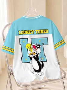 LOONEY TUNES X SHEIN 男士字母與條紋印花圓領短袖休閒T恤 - 白色 - 查看 2