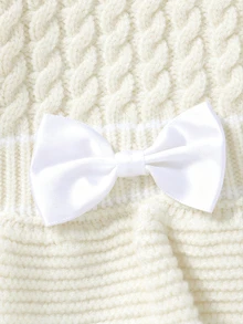 SHEIN Baby Girls' Soft Yellow Knitted Jumpsuit,Autumn Cute Bow & Ruffle Trim Soft Comfortable Romper For Matching Family,Daily Outings Travel Fall Winter - Beige - View 4