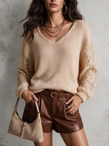 Solivie Women's Autumn/Winter V-Neck Long Sleeve Apricot Color Contrast Lace Sweater Top - Apricot - View 7