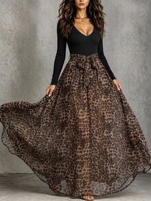 SHEIN Gaun Panjang Wanita Motif Leopard dengan Blok Warna untuk Pesta dan Perjalanan - MultiWarna - View 2