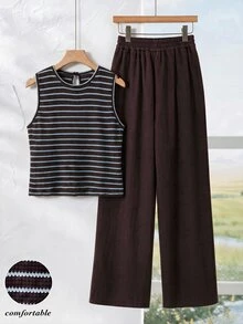 Rusticease Women's Striped Crew Neck Top And Pants Casual Daily 2 Pieces Set - Blue - View 1
