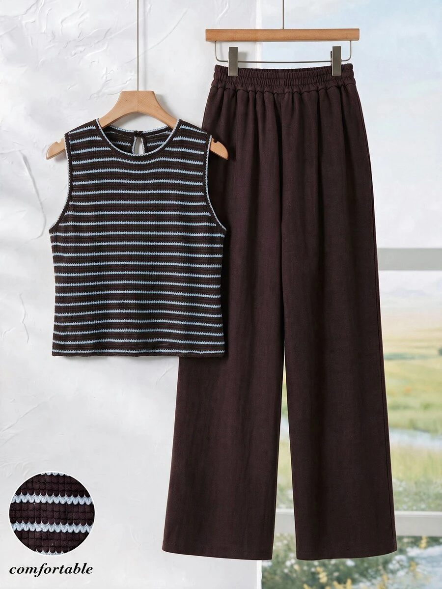 Rusticease Women's Striped Crew Neck Top And Pants Casual Daily 2 Pieces Set - Blue - View 1