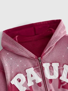 Paul Frank X ROMWE Co-Branded Street Style Contrast Color Patchwork Embroidered Washed Oversized Open Front Sweatshirt - Pink - View 3
