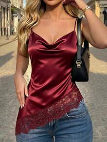 SHEIN Women's Elegant Lace Casual Satin Black Camisole Top, Black Elegant Cami Top, Commuter, Social - Burgundy - View 1