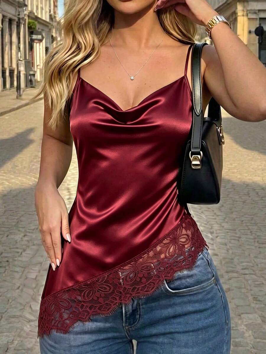 SHEIN Women's Elegant Lace Casual Satin Black Camisole Top, Black Elegant Cami Top, Commuter, Social - Burgundy - View 1