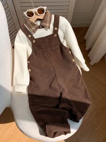 SHEIN 兒童小男孩/小女孩 2件組秋冬休閒時尚運動衫套裝，POLO領運動衫搭配綠色燈芯絨吊帶褲套裝，小男孩秋冬服飾套裝，Squishy - 卡其色 - 查看 3