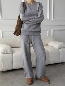 DAZY Women's 2 Pieces Set: Embroidered Pattern Loose Long Sleeve Pullover Sweater & Straight Leg Pants, Casual Vacation Korean Street Style, Thickened Autumn/Winter - Grey - View 4