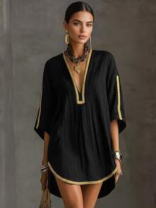 INAWLY Spring Summer Autumn Black Pleated Textured Fabric Plus Size Dress, Deep V-Neck Gold Trim Loose Vacation Style Dress, Luxury Bohemian Style Front Short Back Long Dress For Women - Black - View 4