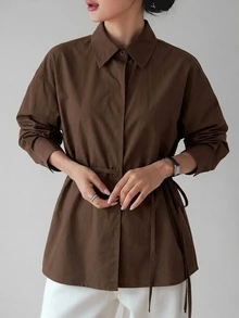 Dazy-Less Women's Loose Business Casual Office Work Commute Long Sleeve Shirt With Waist Belt Drawstring Tie Design, Minimalist Solid Color, Spring/Summer/Autumn - Brown - View 4