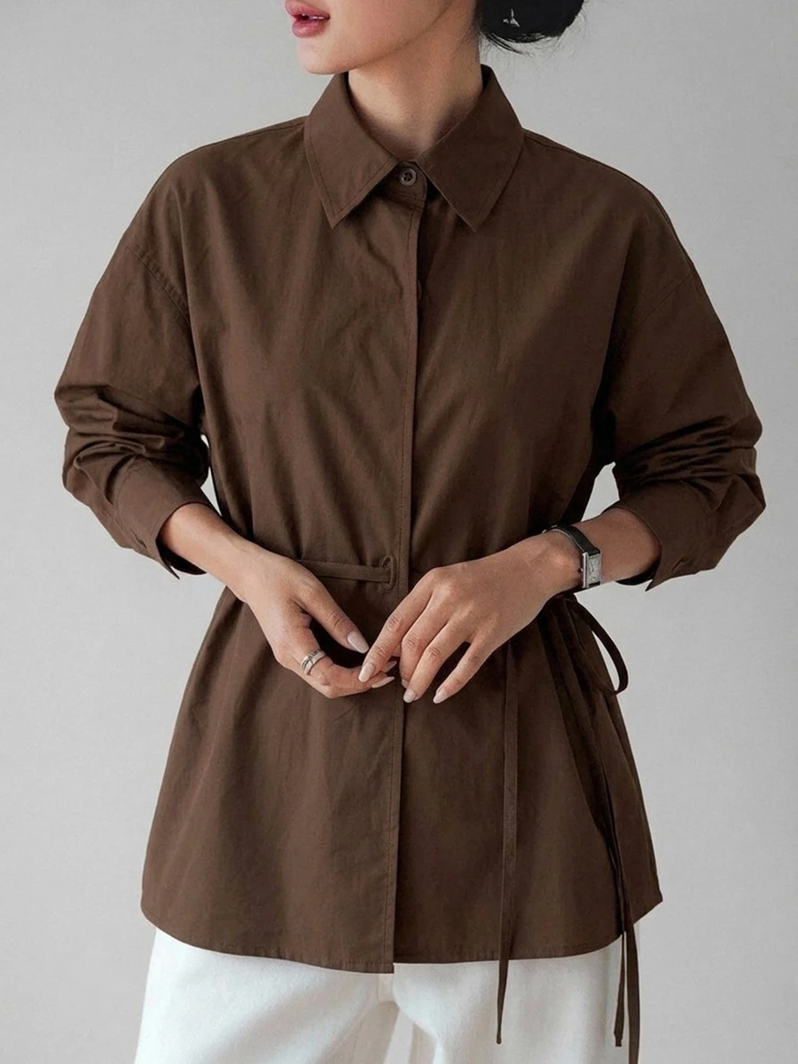Dazy-Less Women's Loose Business Casual Office Work Commute Long Sleeve Shirt With Waist Belt Drawstring Tie Design, Minimalist Solid Color, Spring/Summer/Autumn - Brown - View 1