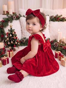SHEIN Baby Girl Knitted Velvet Solid Color Square Neck Ruffle Casual Dress,Robe Elegante Chic,Red Dresses,Fall Dress ,Christmas - Red - View 5