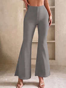 SHEIN PETITE Solid Flare Leg Spring Black Pants - Grey - View 6