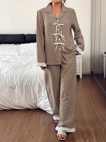 Napfluff Vintage Vertical Striped Pajama Set, Sweet Bowknot Decoration, Ruffle Cuff Patchwork Loungewear - Multicolor - View 7