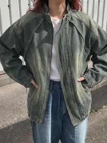 Livesso 女款西式破舊水洗褪色寬鬆長袖開領牛仔夾克外套 - 藍色 - 查看 5