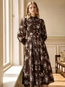 Écloséra 女款春夏/秋冬印花洋裝，寬鬆優雅圓領泡泡袖，咖啡色手繪花卉圖案，適合日常穿著、通勤與約會 - 咖啡 - 查看 6