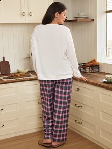 Doze Lane Plus Size Minimalist Round Neck Long Sleeve Top & Plaid Pants Loungewear Pajama Set - White - View 3