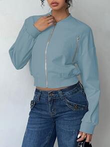SHEIN LUNE 女款純色長袖拉鍊棒球夾克 - 淺藍色 - 查看 1