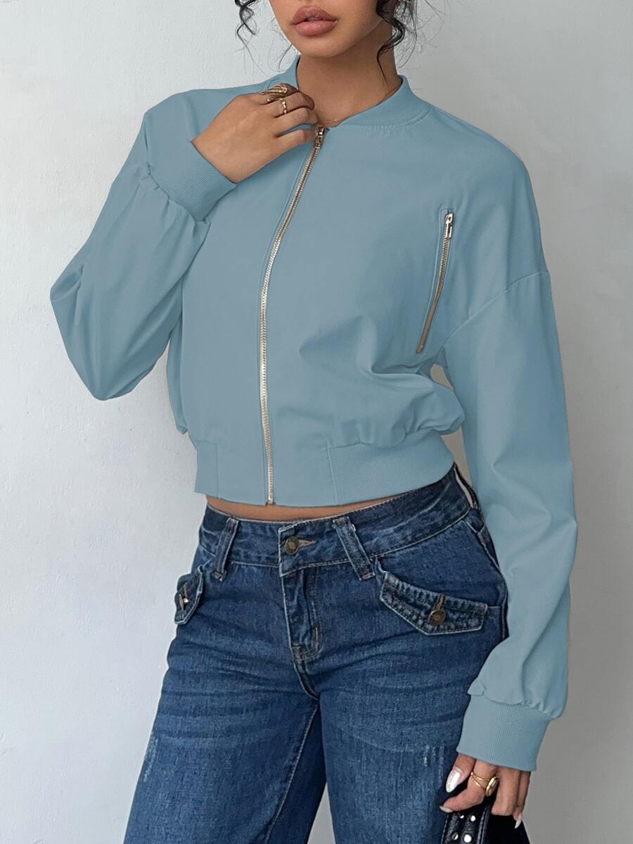 SHEIN LUNE 女款純色長袖拉鍊棒球夾克 - 淺藍色 - 查看 1