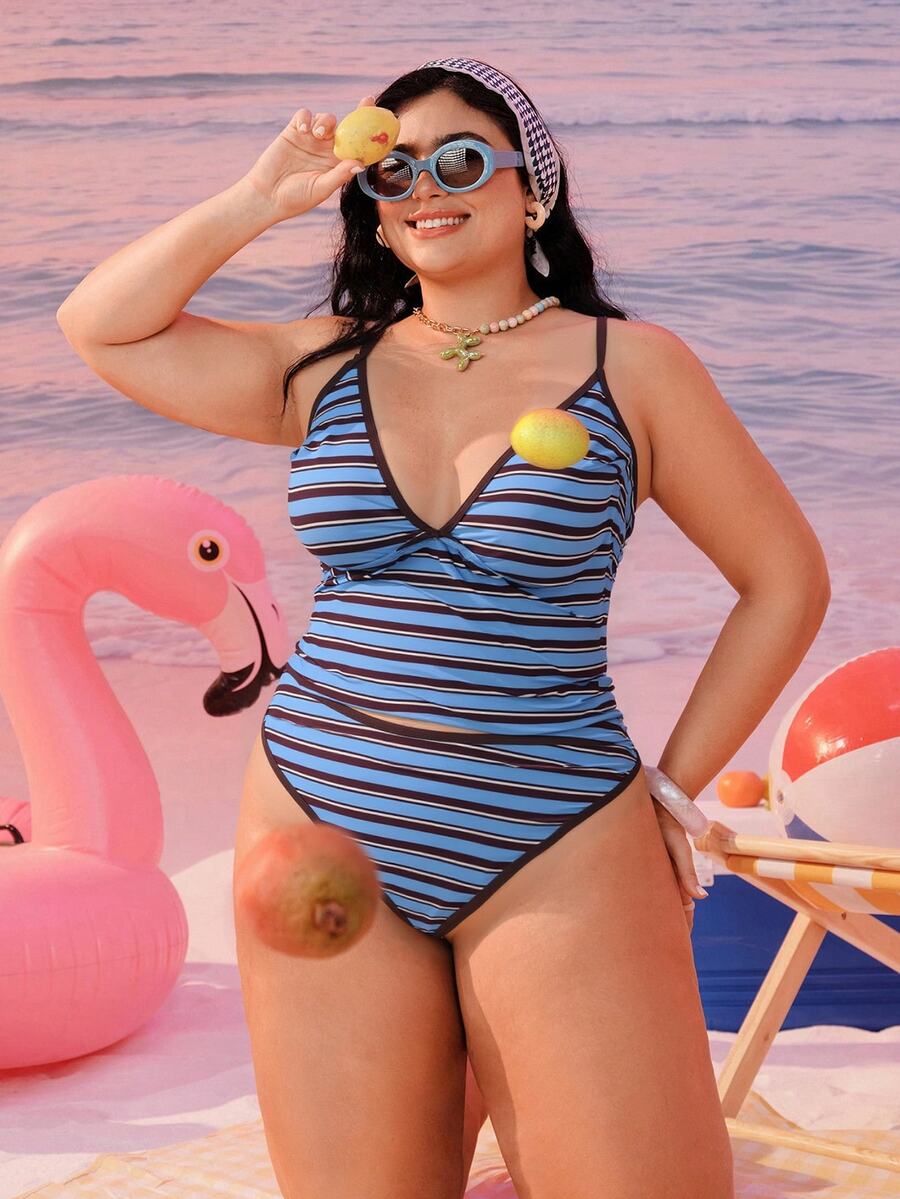 Swim Mod Plus Size Women 2 Pieces Random Geometric Square Print Fashion Vacation Casual Minimalist Slimming Tummy Control Conservative Bow Adjustable Thick Strap High Waist High Leg Triangle Bikini Swimsuit 2026 New Style - Blue - View 1