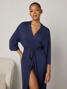 Ocili Women's Solid Color 3/4 Sleeve Comfortable Smooth Rayon Loungewear Robe - Royal Blue - View 4