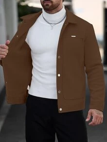 Manfinity CasualCool 男士純色休閒商務街頭風長袖外套，秋季棕色鈕扣大衣，感恩節俱樂部度假款 - 棕色 - 查看 6