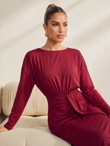 Uhlyne Uhlyne Elegant Asymmetric Hem Slit Party Midi Dress For Women, Autumn/Winter - Burgundy - View 2