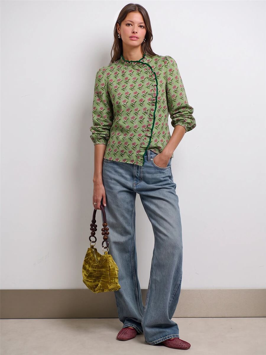Nöista Chinese-Style Floral Print Shirt With Slanted Opening - Green - View 1