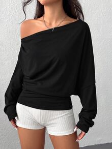 SHEIN EZwear 女款純色百褶不對稱領長袖連帽衛衣，畢業季/返校穿搭，畢業禮服，女教師服裝，秋冬返校 - 黑色 - 查看 3
