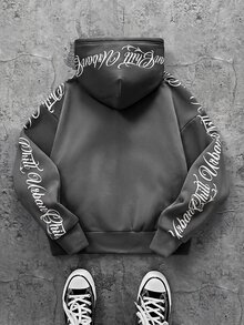 SHEIN Teen Boys' Grey Oversized Letter Floral Autumn Sweatshirt, Zip Up Urban Graphic Sweatshirt, Streetwear, Winter, Black, Graduation, Grey-To-School - Dark Grey - View 3
