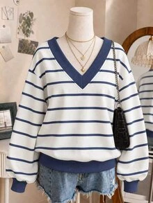 SHEIN Plus Size Women V-Neck Striped Casual Daily Wear Sweatshirt - Multicolor - View 1
