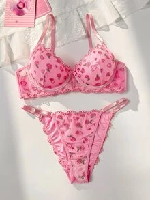 PetitDoll Girls Pink Rose Embroidered Lingerie Set, Lace Trim V-Neck Underwire Bra With Adjustable Shoulder Straps And Back Closure, 2-Piece Women's Bra And Panty Set - Pink - View 1