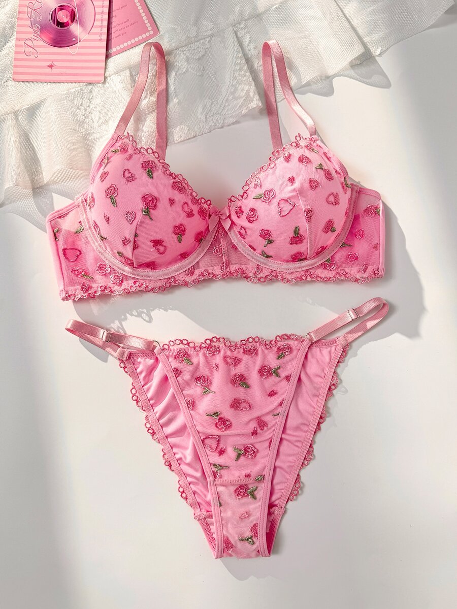PetitDoll Girls Pink Rose Embroidered Lingerie Set, Lace Trim V-Neck Underwire Bra With Adjustable Shoulder Straps And Back Closure, 2-Piece Women's Bra And Panty Set - Pink - View 1