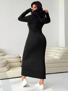 Solflare Plus Size Women's Solid Color Shiny Long Sleeve Side Slit Hem Drawstring Hooded Casual Dress - Black - View 2