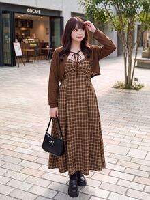 Bijouette Plus Size Women's Plaid Pleated Dress And Solid Color Cardigan Casual 2 Pieces Set Fall - Coffee Brown - View 4