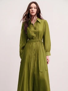 Aveloria Modichic Commuter Design, Belt Waist Cinched Decoration, Fashionable Elegant Pleated Quilted Versatile Slimming Long Dress - Olive Green - View 4