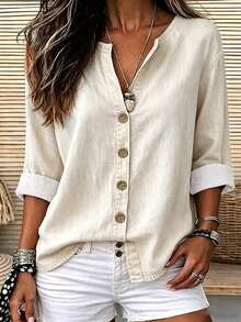 Breezaya Women's Solid Color Casual Versatile Daily Wear Shirt - Apricot - View 3