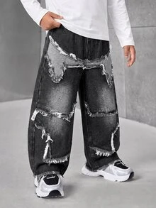 Boys' Black & Grey Washed High-Waist Elastic Curved Leg Horseshoe Jeans With Heavy Distressed Large Five-Point Star, Frayed Hem, Contrast Patchwork, Casual School Daily Wear - Black - View 4