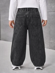 Boys' Black & Grey Washed High-Waist Elastic Curved Leg Horseshoe Jeans With Heavy Distressed Large Five-Point Star, Frayed Hem, Contrast Patchwork, Casual School Daily Wear - Black - View 2