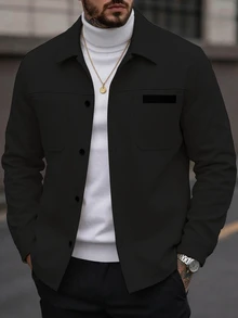 Manfinity Homme Men's Solid Color Casual Outdoor Slim Fit Jacket - Black - View 4
