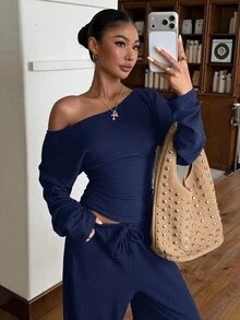 Muchica Ensemble femme automne nouveau marron décontracté en tricot texturé avec épaules asymétriques, t-shirt à manches longues et pantalon pour sortir, streetwear - Bleu marine - Voir 5