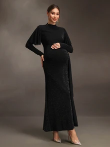 Cheriluna Maternity Elegant Solid Color Mesh Patchwork Maternity Dress - Black - View 4